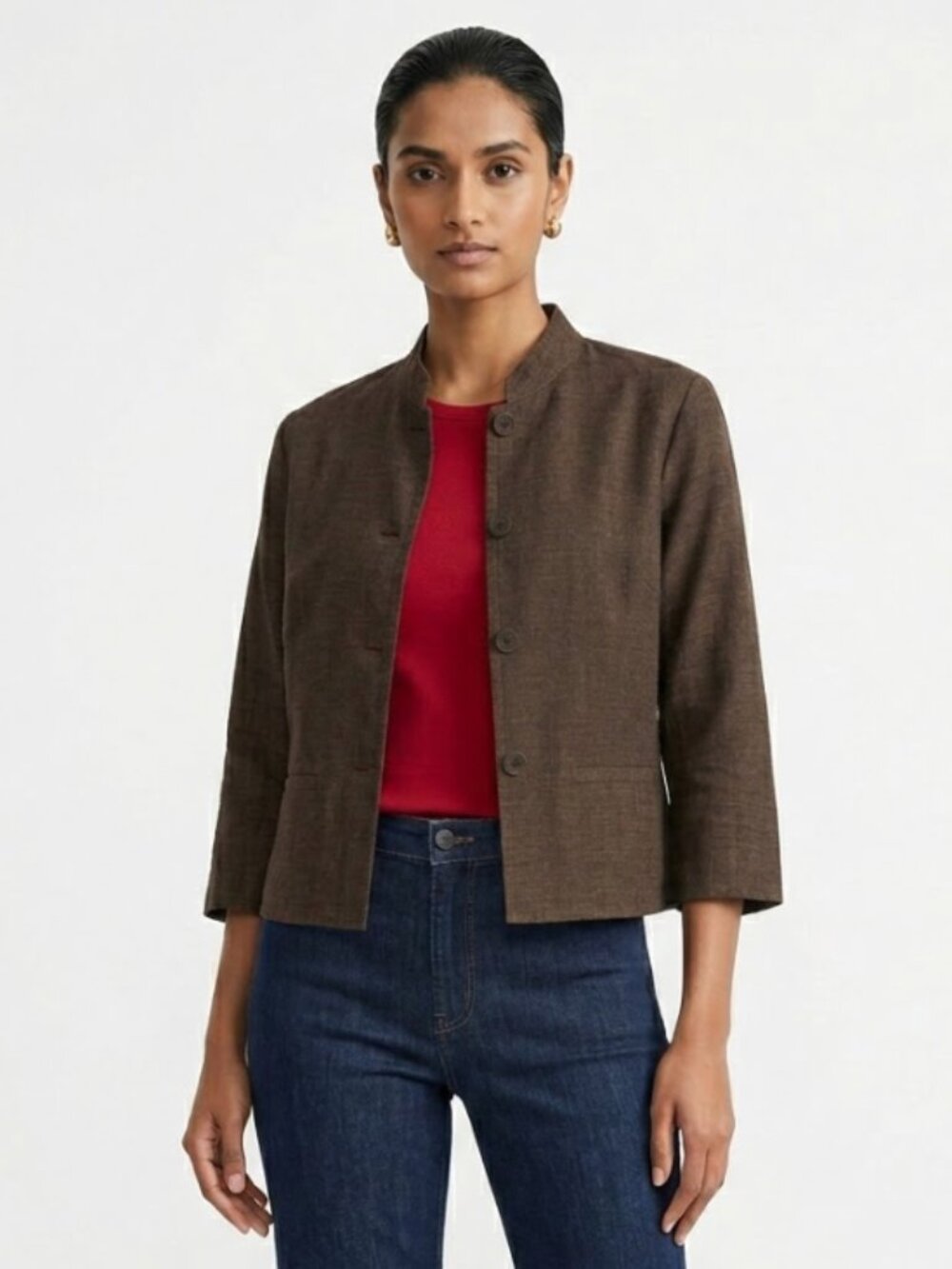 Eileen Fisher	| Cotton 3/4 Sleeve Button Closure Brown Blazer Jacket | Size XS